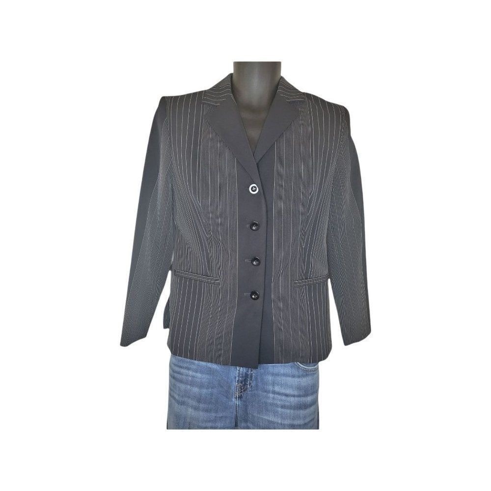 Bianca Nygard Womens 6P Black Pinstripe Blazer 4 Button Long Sleeve Work Jacket